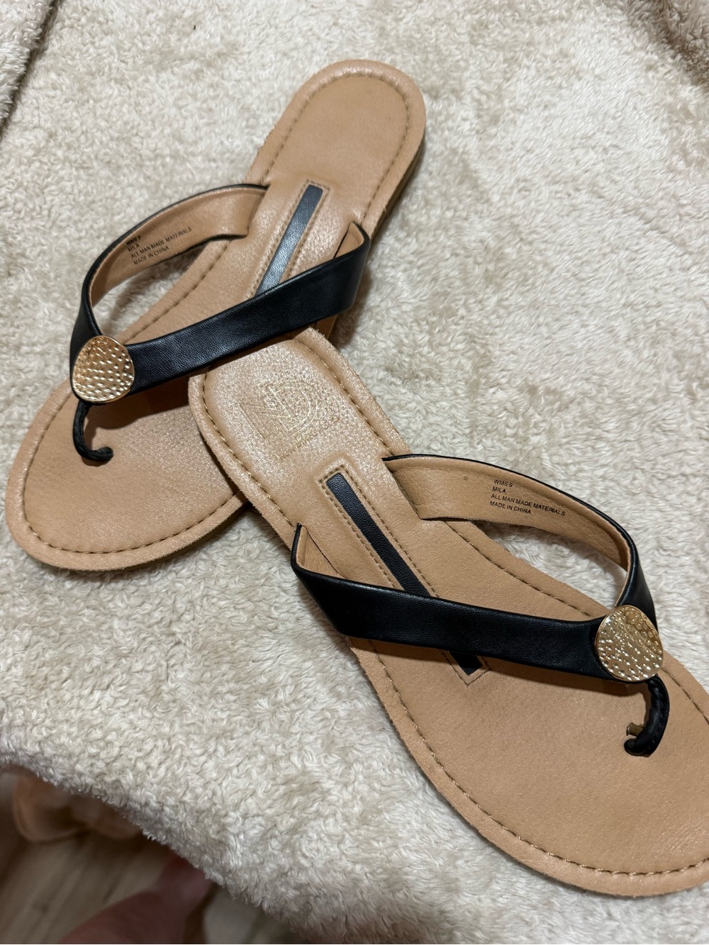 new directions Black and Tan Thong Sandals with Gold Accent